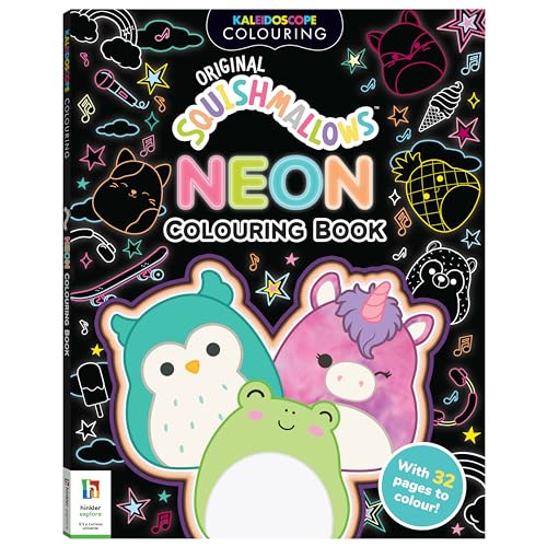 Squishmallows neon colouring book cover with owl, frog, and unicorn illustrations.