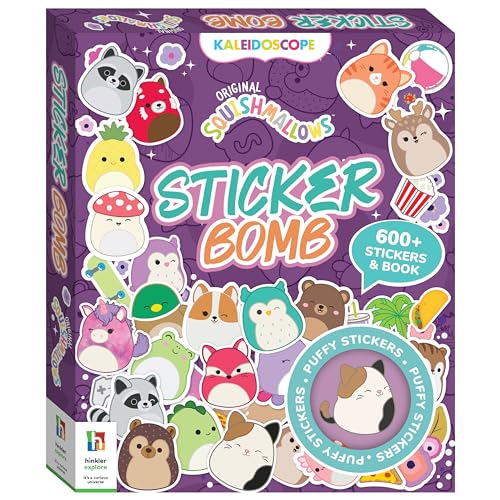 Purple sticker bomb box featuring colorful Squishmallow character stickers.