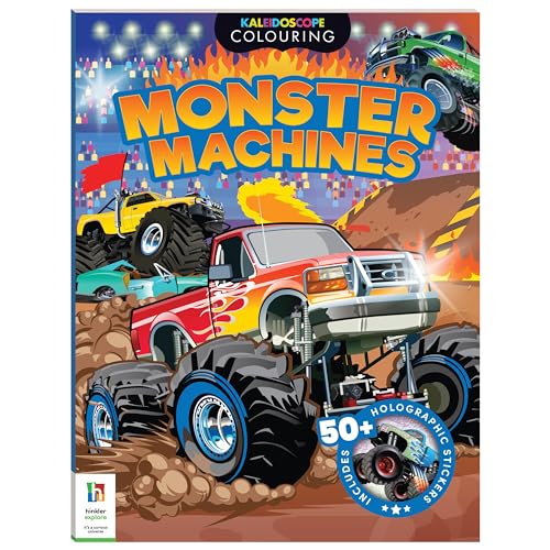 Colouring book cover featuring several brightly coloured monster trucks.