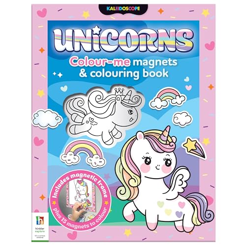 Unicorns Colour-Me Magnets activity book cover featuring a cartoon unicorn and rainbow illustrations.