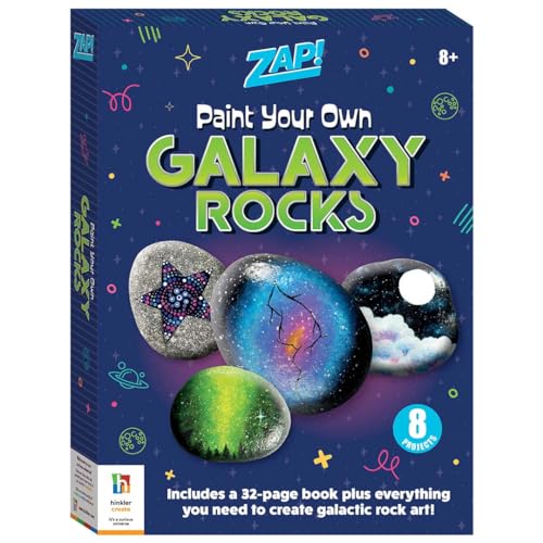 Box for “Zap! Paint Your Own Galaxy Rocks” craft kit with painted rocks.