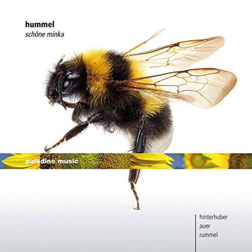Bumblebee in flight on a white background, with text and a floral strip.
