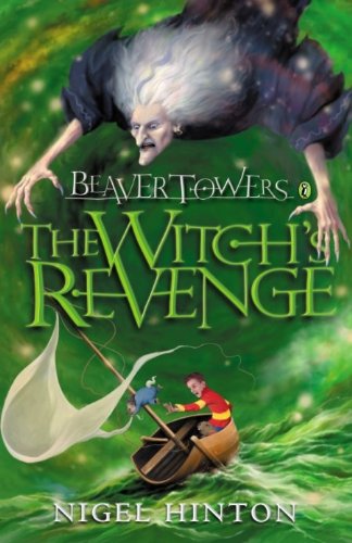 Book cover: a witch flies above children in a boat.