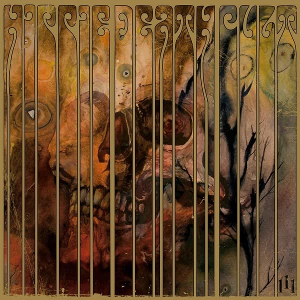 Abstract album cover with distorted faces and vertical bars, warm tones.