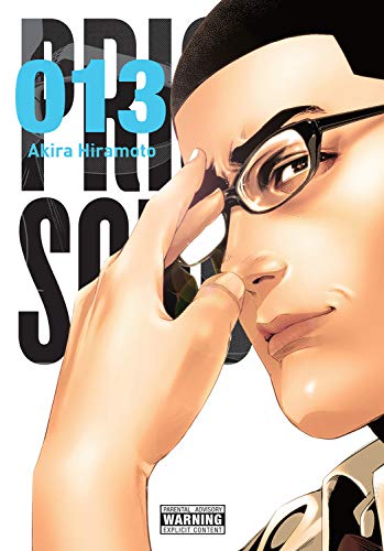 “Prison School, Vol. 13” manga cover featuring a male student with glasses.