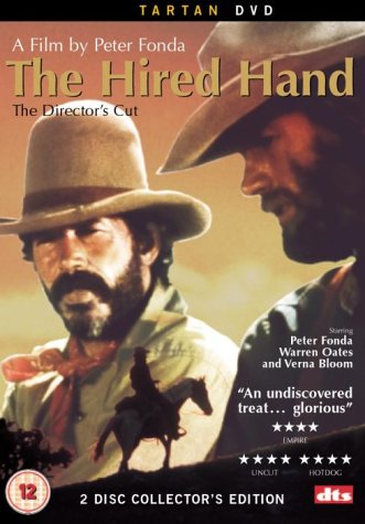 DVD cover for “The Hired Hand,” featuring two cowboys and a rider.