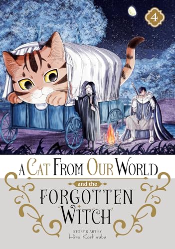 Manga cover: a large cat, a witch, and figures by a campfire.