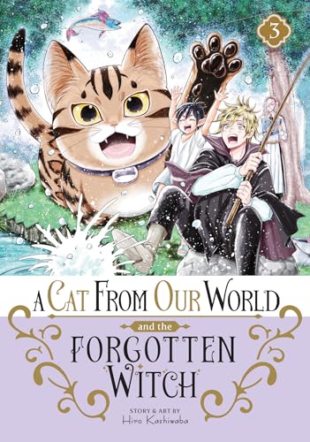 Manga cover with a large cat, two boys, and a magical forest scene.