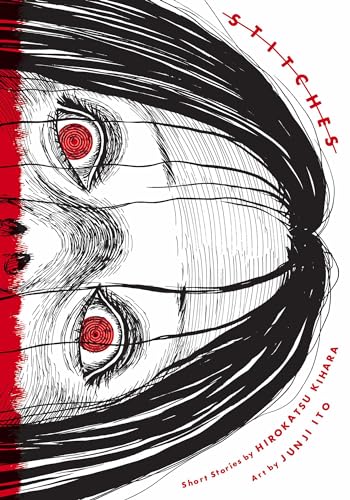 Black and white manga cover art featuring a close-up of a face with red irises.
