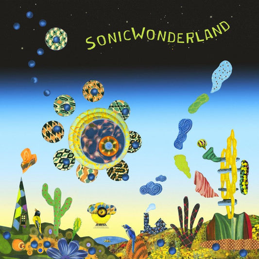 "Album cover art with vibrant, surreal landscape and 'SONICWONDERLAND' title in green."