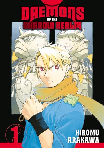 Manga cover featuring a blonde young man before stone guardian statues.