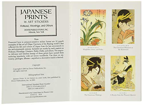 Book open to a page displaying four colorful Japanese art sticker designs.