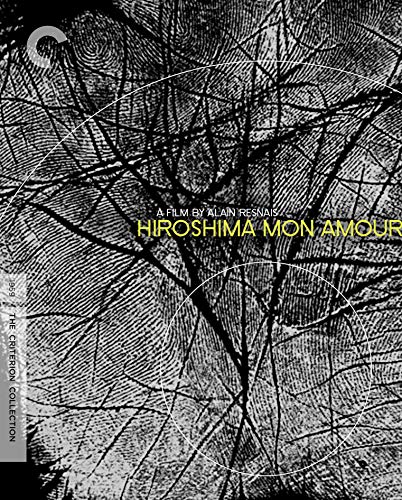 Black and white Criterion Collection cover for Hiroshima Mon Amour with fingerprint pattern background.