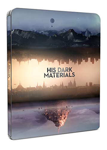 "His Dark Materials" Blu-ray Steelbook with futuristic cityscape and mountains on its cover.