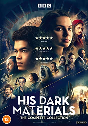 DVD cover for "His Dark Materials" featuring a diverse cast and a bear.