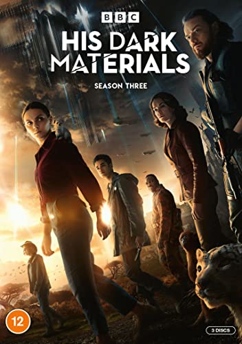“His Dark Materials” Season Three DVD cover with cast members and landscapes.