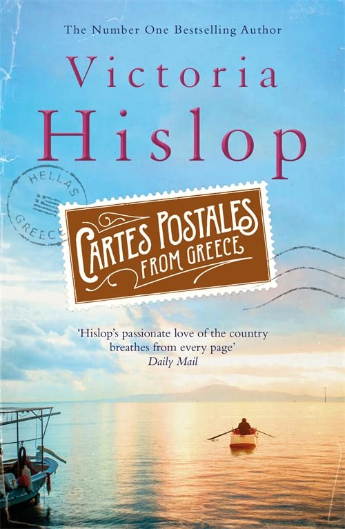 Book cover with title “Cartes Postales from Greece” and coastal scene.