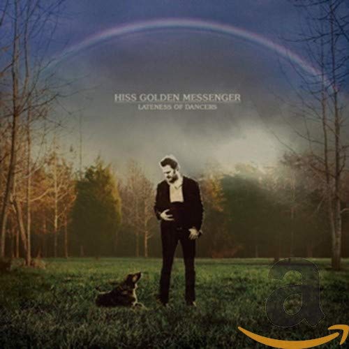 CD cover: Man and dog in a field under a rainbow arc.