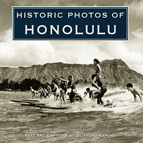 Book cover: "Historic Photos of Honolulu" with a vintage surfing scene.