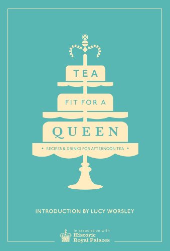 "Turquoise book cover with a beige cake stand and the title 'Tea Fit for a Queen'."