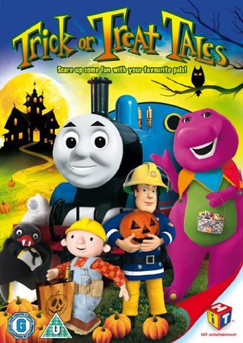 DVD cover featuring Thomas the Tank Engine, Barney, and Bob the Builder for Halloween.