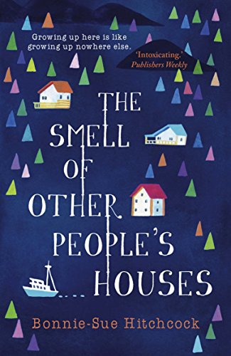 Book cover with dark blue background, colorful trees, houses, and a boat.