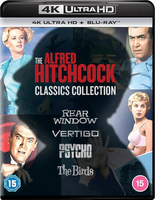 Hitchcock Classics 4K UHD Blu-ray cover featuring film stills and title.