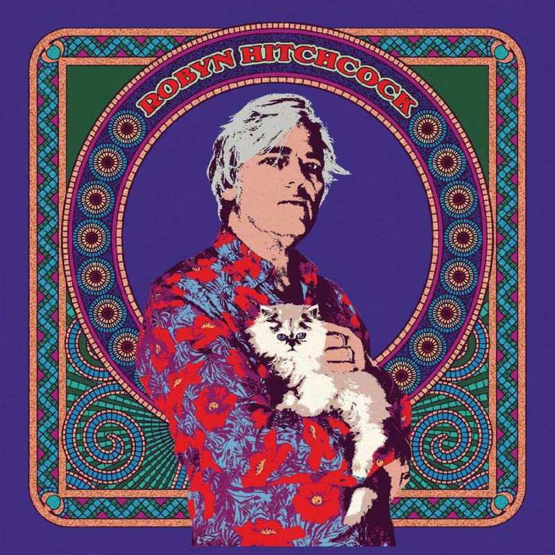 Psychedelic album cover featuring Robyn Hitchcock holding a fluffy white cat.