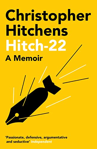 Yellow book cover with black pen-bomb illustration, title "Hitch-22" by Christopher Hitchens.