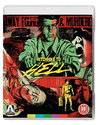 Hitchhike to Hell" Blu-ray cover: split-screen portrait with a truck and screaming face.