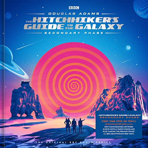 The Hitchhiker's Guide to the Galaxy" vinyl album cover with landscape and figures.
