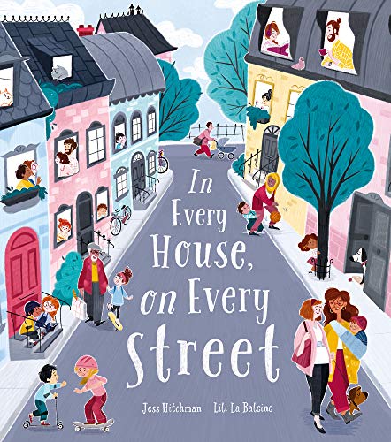 Illustrated street scene showing diverse people in houses and on the sidewalk.