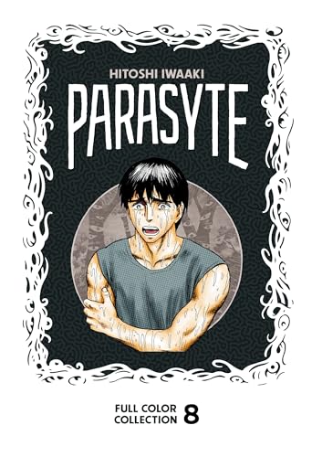 Manga cover featuring a distressed, sweating man in a grey tank top, Parasyte volume 8.