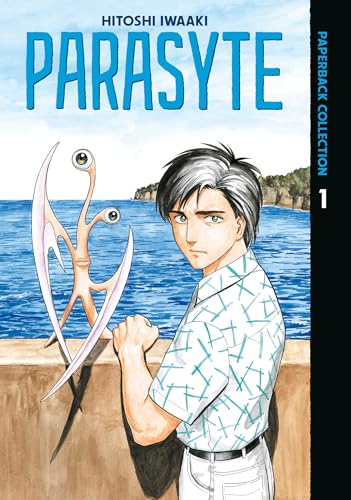 A young man stands beside a strange alien creature against a blue ocean background.