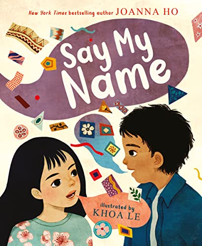 Book cover: two children facing each other, colorful abstract shapes.