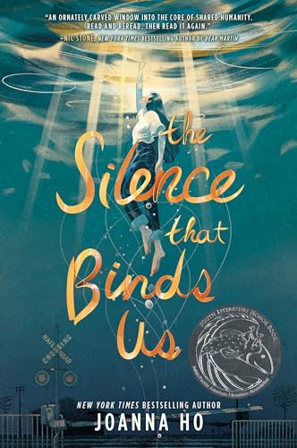 Book cover: woman rising from water, title "The Silence that Binds Us".