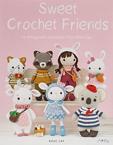Book cover featuring seven handmade amigurumi crochet animal and doll figures on a bench.