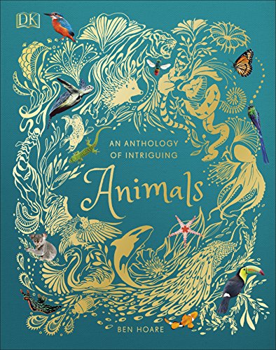 Book cover featuring detailed gold line art of various animals on teal.