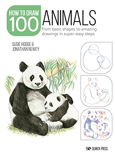 Book cover: “How to Draw 100 Animals” with panda illustration and sketches.