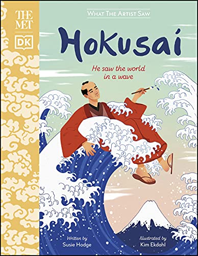 Book cover depicting Hokusai painting a large, curling blue wave.