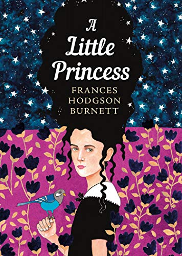 Book cover: girl with bird, starry night, floral background.