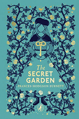 The image depicts a teal book cover with a girl and floral pattern.