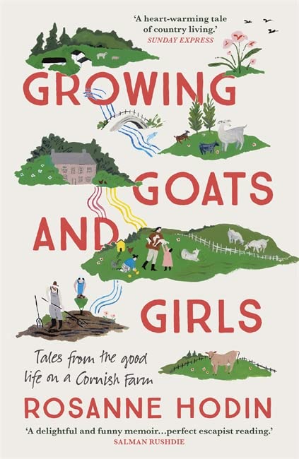 Book cover with illustrated farm scenes, goats, people, and large red text.