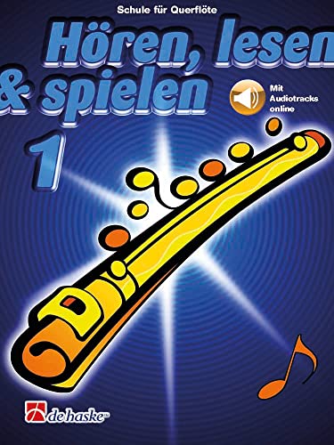 Cover of flute instruction book with yellow flute and musical notes.