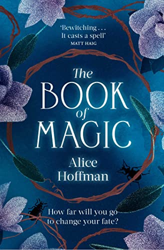 Book cover with blue background, floral illustrations, and white text reading The Book of Magic.