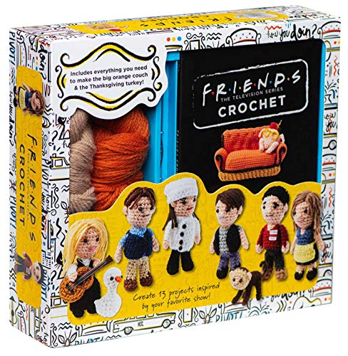 Friends crochet kit with yarn, patterns, and miniature crocheted characters.