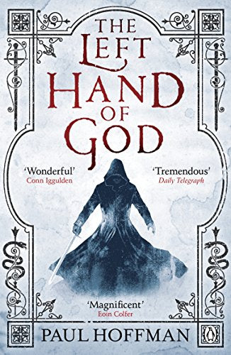 Book cover: “The Left Hand of God” with a hooded figure holding a sword.