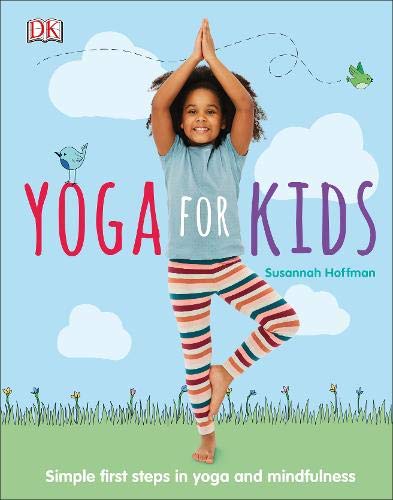 "Book cover featuring a young girl in a yoga pose against a cloudy sky."