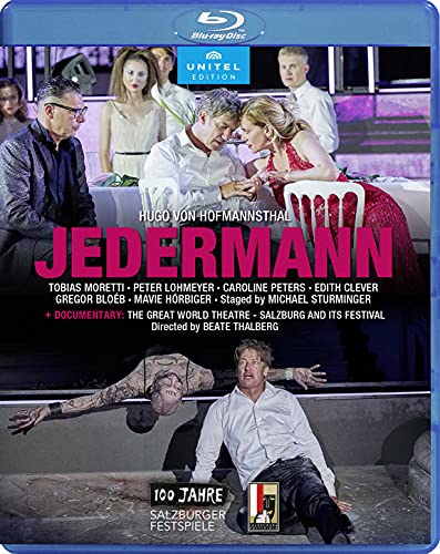 Blu-ray cover for Jedermann featuring actors in theatrical scenes and large pink title text.