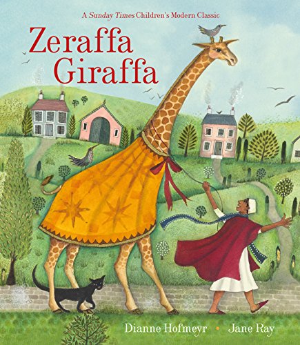 A person in a red cloak leads a giraffe wearing a yellow blanket through countryside.